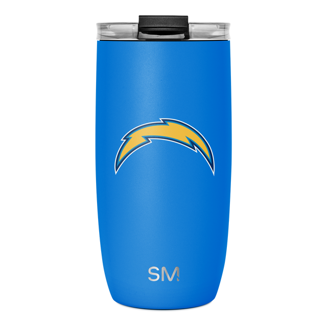 Royal blue cylindrical tumbler with domed black lid and clear side panels, designed for holding beverages