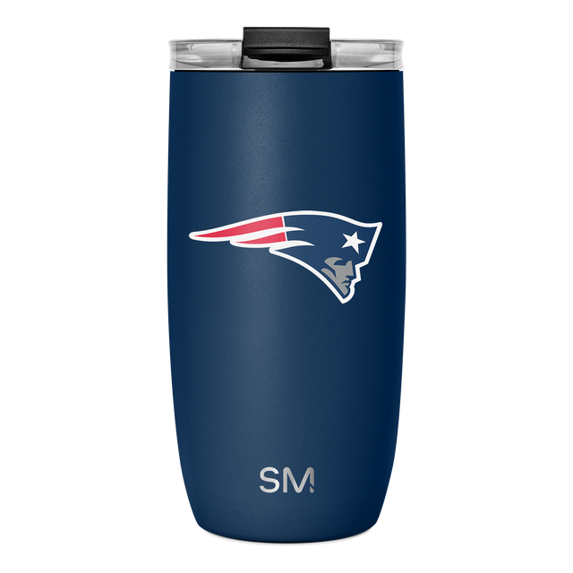 Navy blue insulated tumbler with white and red graphic design, black lid with clear plastic panel