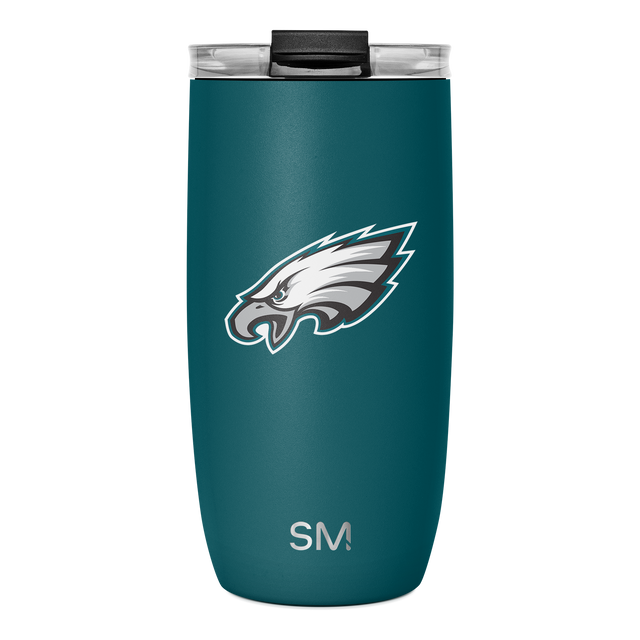 Teal stainless steel tumbler with black matte lid, white and gray logo branding
