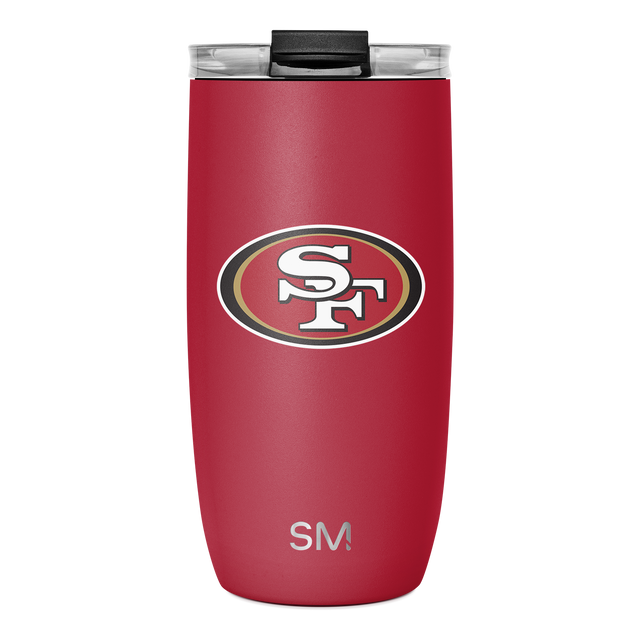 Crimson red insulated tumbler with tapered cylindrical design and black lid on white background