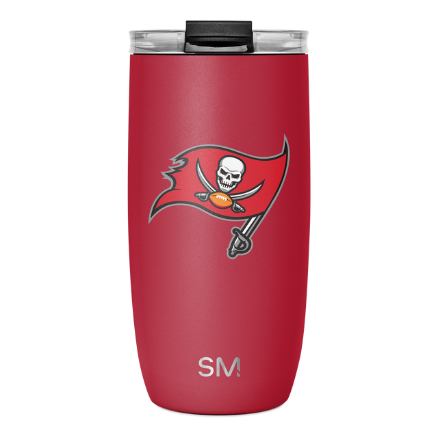 Cardinal red insulated tumbler with white and dark gray accents, black lid, and orange details