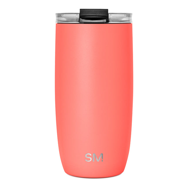 Coral-red insulated tumbler with black plastic lid and clear glass top rim, front view