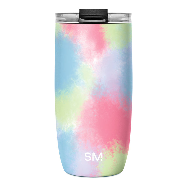 Modern insulated tumbler with pastel tie-dye watercolor design in soft blended colors on white background
