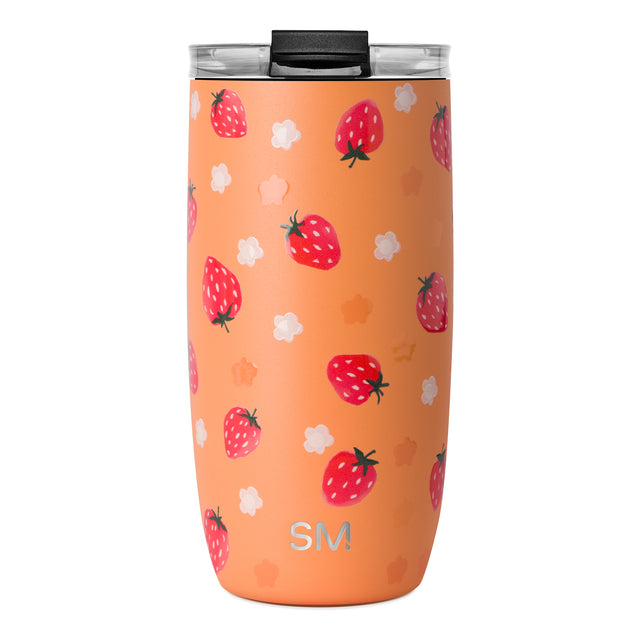 Peach-colored insulated tumbler with bright red strawberries and green leaves design