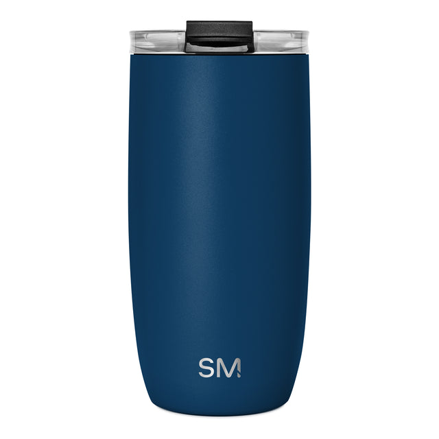 Navy blue insulated tumbler with matte finish, clear rim detail, modern design
