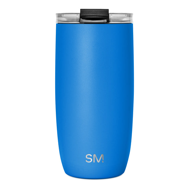 Electric blue matte tumbler with black and clear transparent lid and rim accents