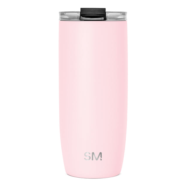 Pale pink stainless steel insulated tumbler with polished steel rim and lid, minimalist design