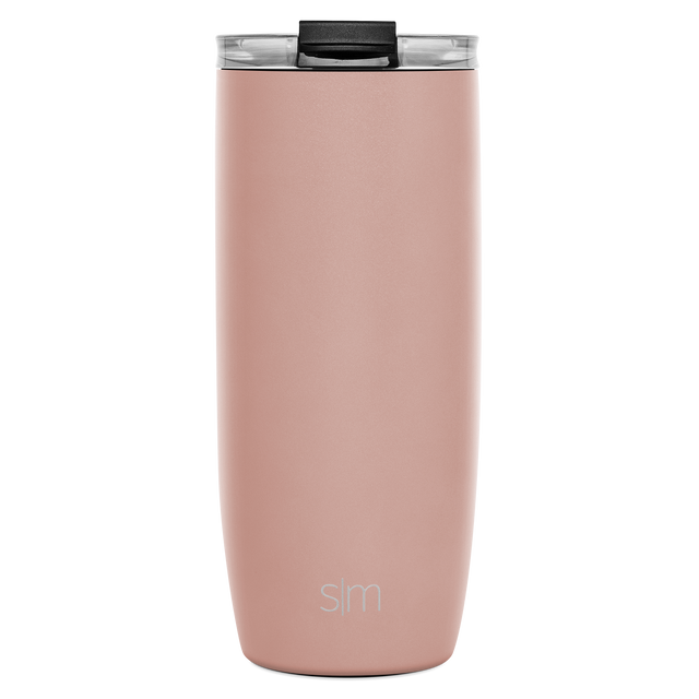 Soft mauve tumbler with black lid and trim details