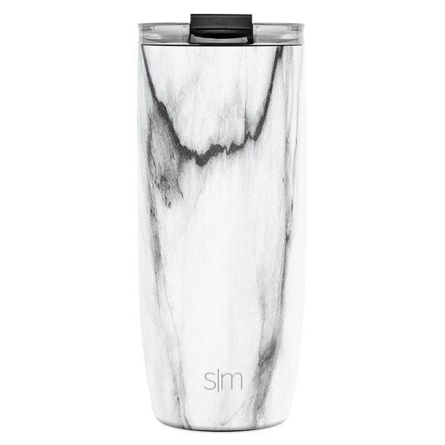White and light gray tumbler with black and charcoal gray marble-like streaks and swirls throughout