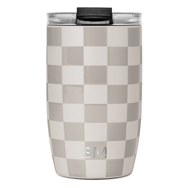 Modern tumbler with taupe and cream checkerboard pattern on white background