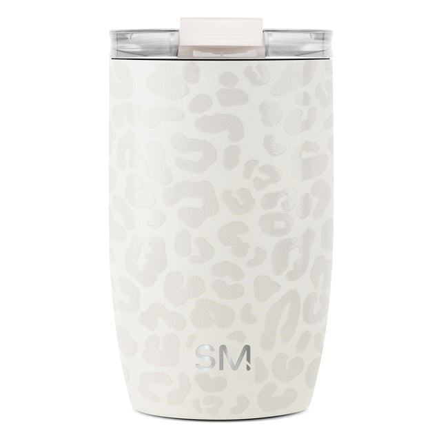 Cream-colored tumbler with soft gray and beige leopard print pattern and clear translucent lid