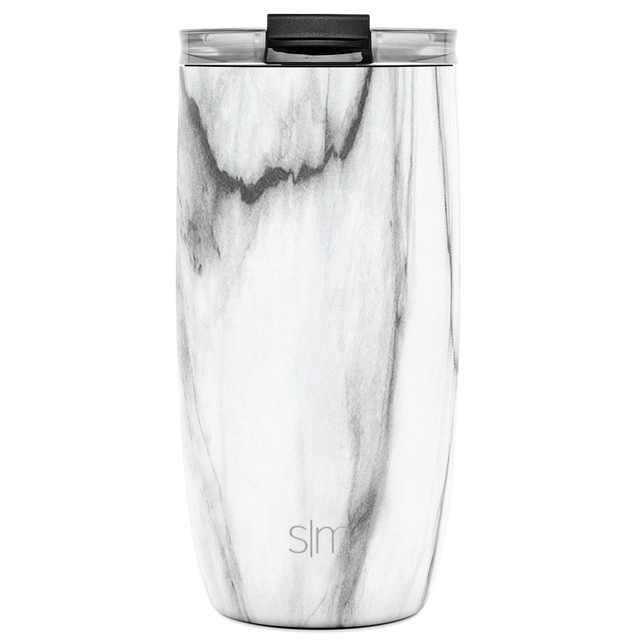 White and light gray tumbler with dark gray marble swirl pattern and solid black lid
