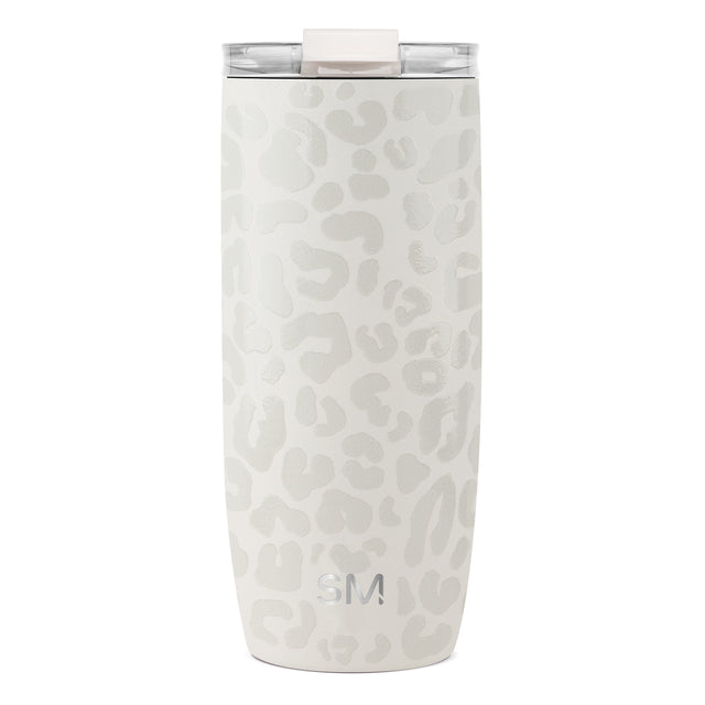 Cream-colored tumbler with soft gray and taupe animal print pattern overlay