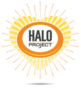 Vibrant circular design with bright orange outer ring and yellow radiating lines, featuring warm tones and geometric shapes in the Halo Project illustration.