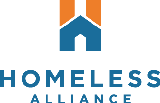 Homeless Alliance logo featuring teal blue and orange colors, with teal forming primary text and structural elements and orange as an accent.