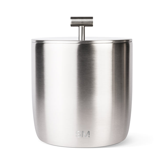 Brushed stainless steel cylindrical container with matte metallic finish and directional surface texture, silver tone