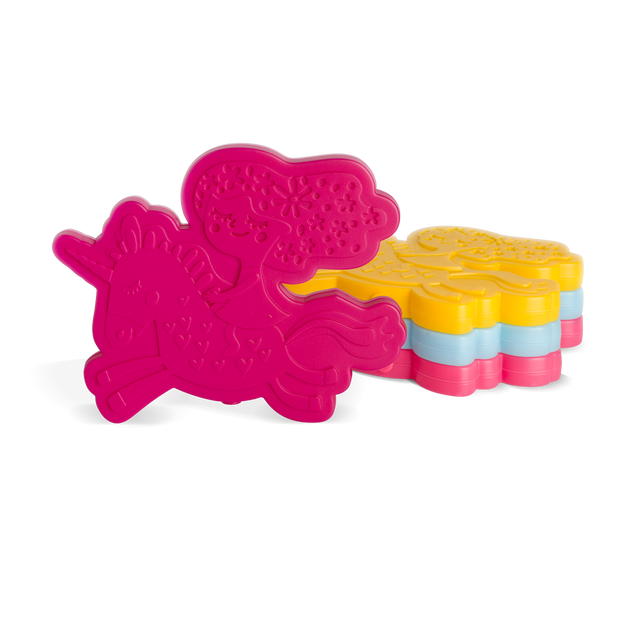 Vibrant product design featuring hot pink magenta as the primary color, with bright yellow, light blue, and coral accents throughout the composition.