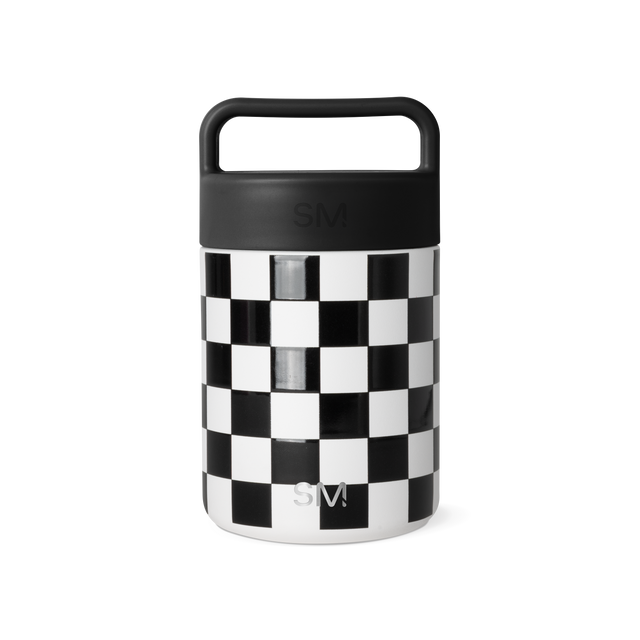 Black and white checkered glass jar with matte black lid and handle