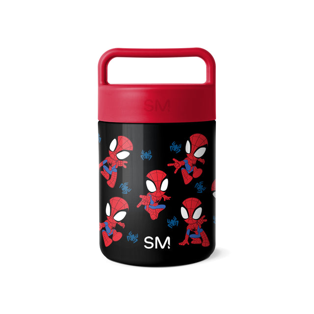 Simple Modern food jar with red lid and handle, black lower body featuring Spider-Man characters in red and blue with white spider web graphics and SM logo on white background.
