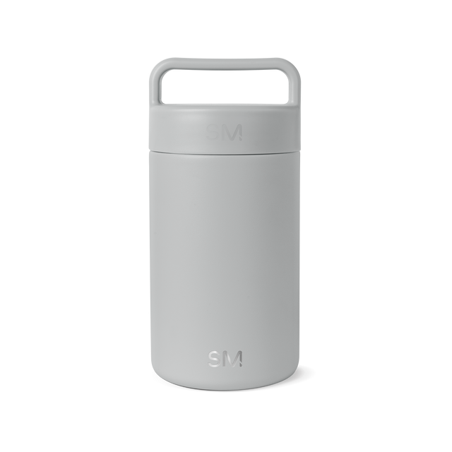 Light gray cylindrical jar container with uniform pale finish and subtle tonal variations created by its cylindrical form and ridged texture