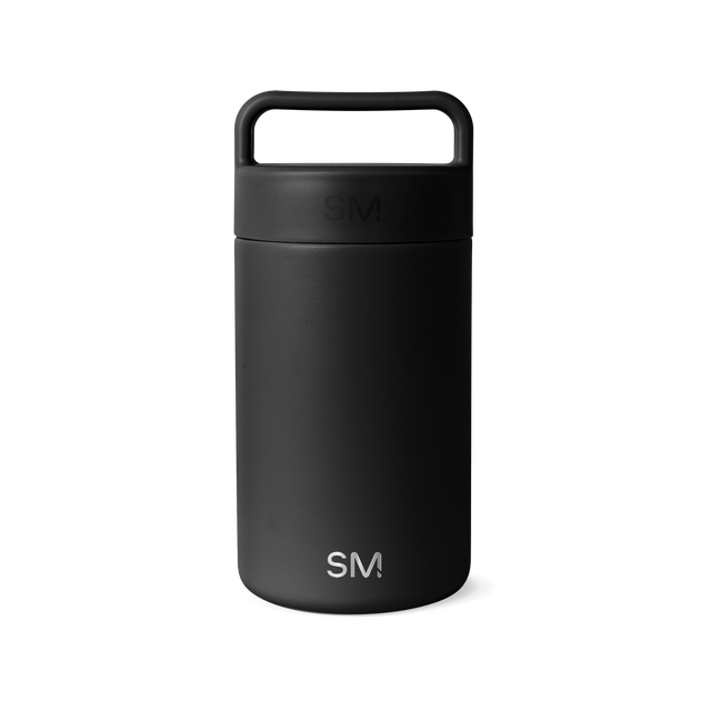 Matte black insulated drinkware vessel with lid and handle on white background