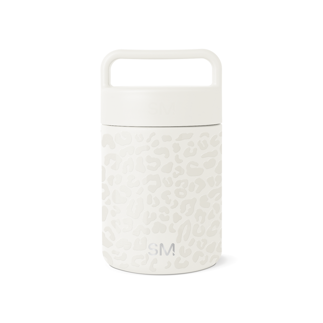 White cylindrical food storage container with smooth upper section and textured lower base on white background