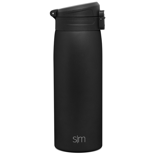 Deep matte black water bottle with minimalist design on white background