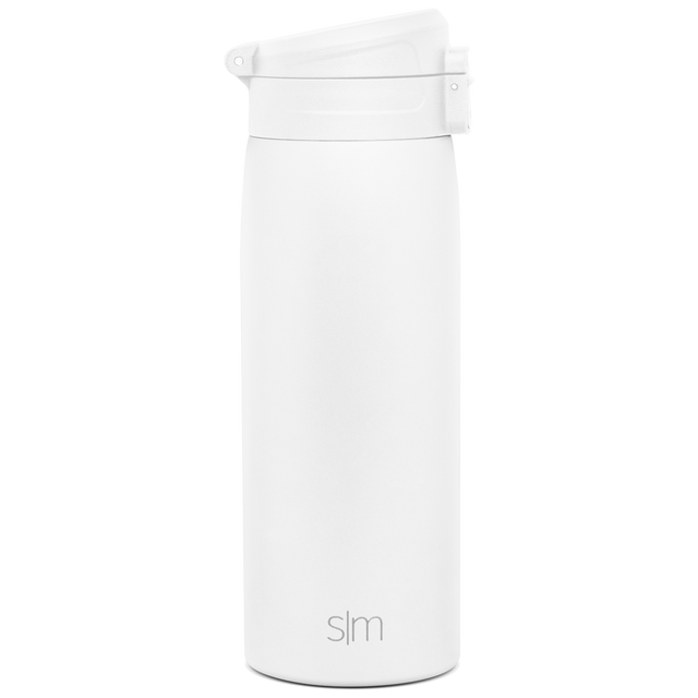White insulated water bottle with stainless steel cap on pale gray-white background