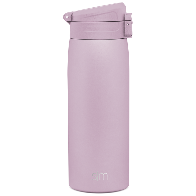 Soft mauve insulated water bottle with rounded cylindrical shape, featuring a secure lid on top and textured grip surface, rendered against a clean white background.