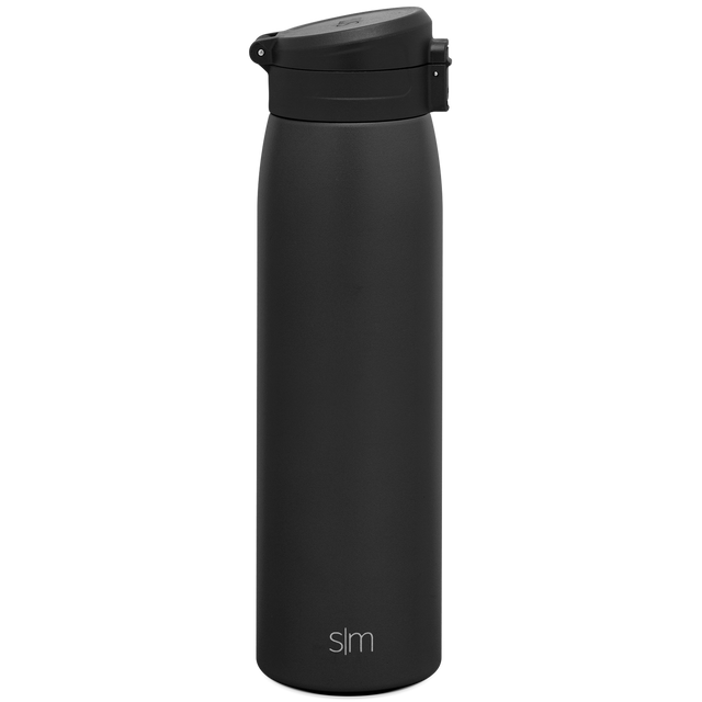 Matte black water bottle with deep charcoal finish and minimal sheen, displayed against a plain background. Product features sophisticated, understated design with smooth matte surface throughout.