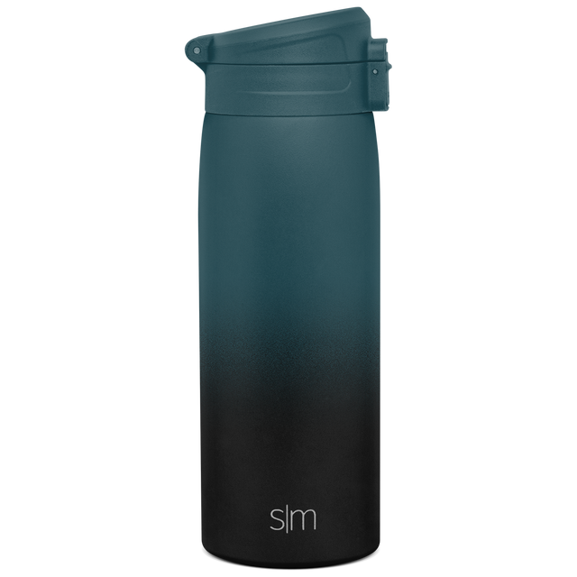 Teal to black ombre gradient water bottle with sophisticated color transition from deep petrol blue at top to solid black at bottom