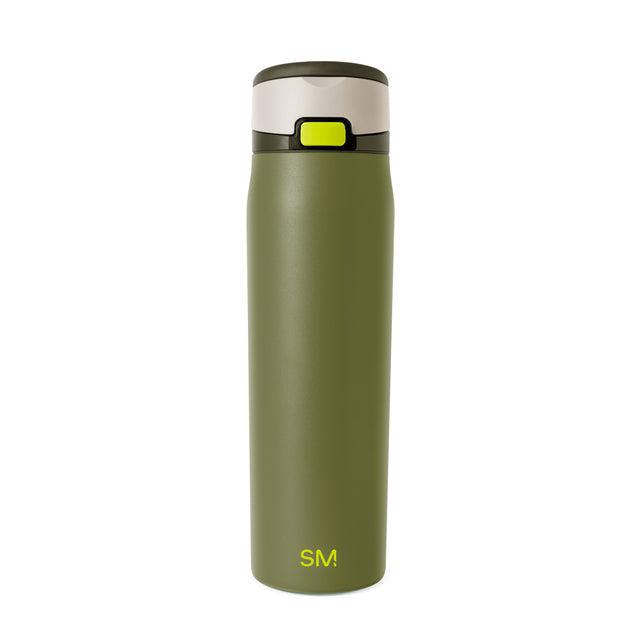 Sage green and cream cylindrical water bottle with dark olive cap on white background