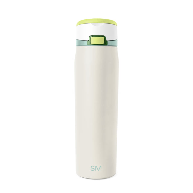 Tall insulated water bottle with cylindrical narrow profile and flat bottom on white background