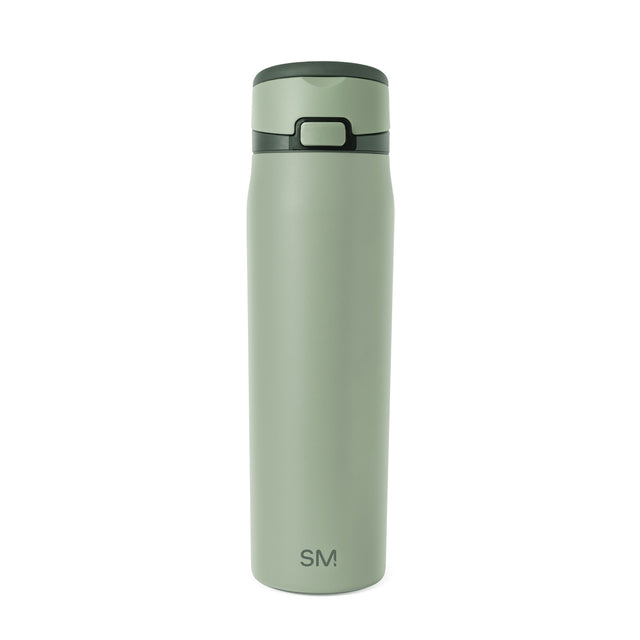 Sage green bottle with dark forest green lid and accent band around the upper middle section