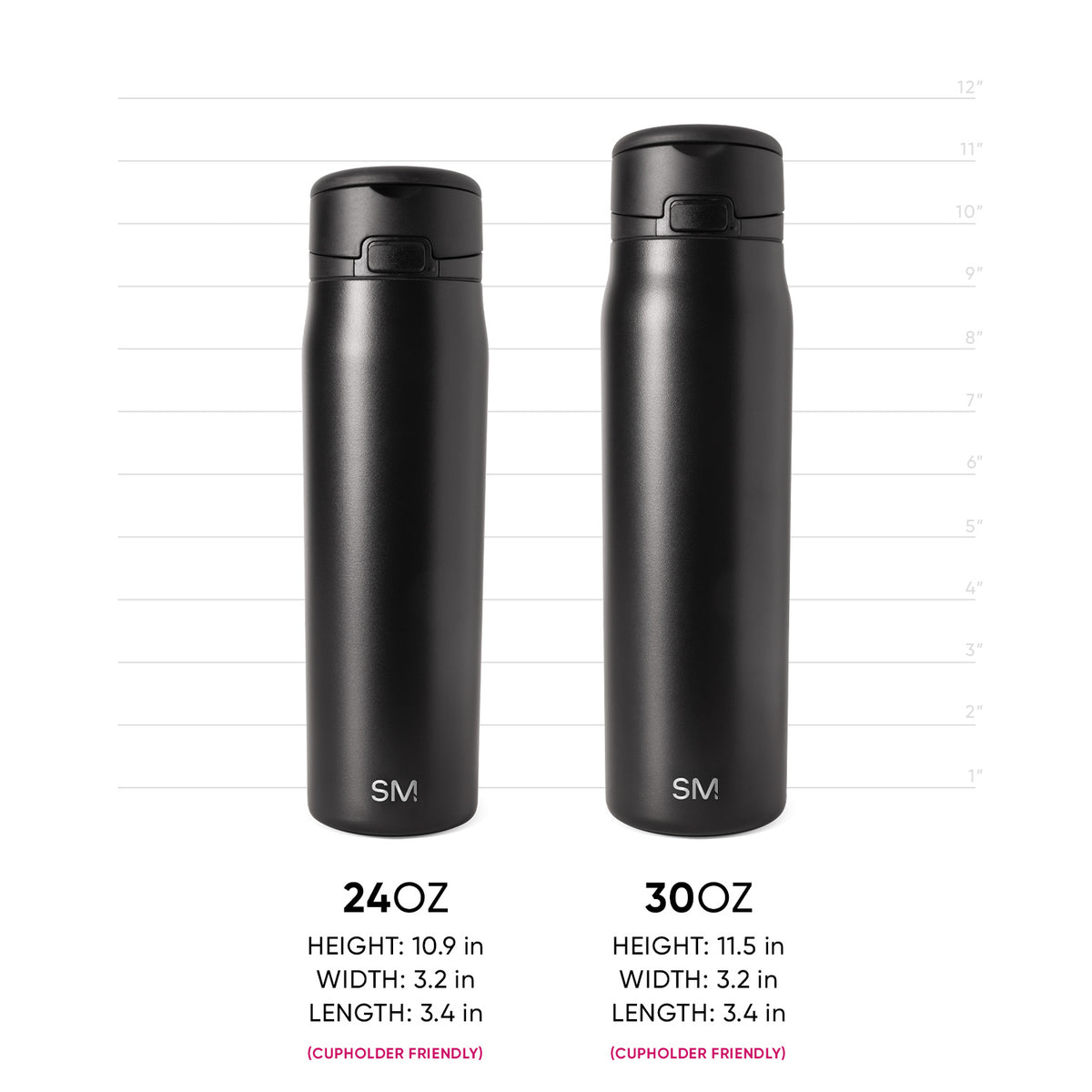 Two matte black cylindrical drinkware vessels with subtle metallic sheen and light reflections on surfaces, shown for product measurement reference.
