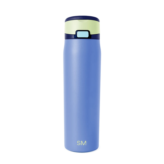 Tall cylindrical insulated tumbler with periwinkle blue body and color-block design on white background