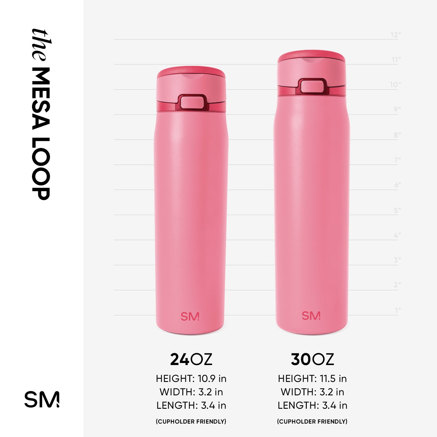 One 24oz Velvet Pink Mix Mesa Loop and one 30oz Velvet Pink Mix Mesa Loop with dimensions of each size