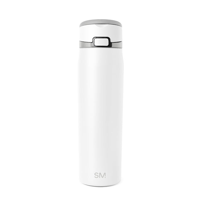 White insulated tumbler with gray lid and lower body accents on neutral background