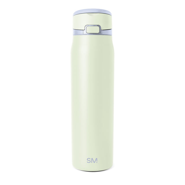 Pale mint green insulated water bottle with lavender blue lid and matching middle band, featuring a central button mechanism and SM logo, isolated on white background.