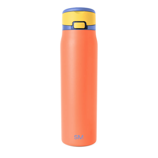 Tall insulated water bottle with vibrant coral-orange body and white cap, centered against white background.