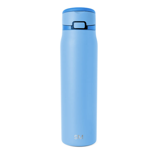 Soft pale blue cylindrical product with darker blue cap and navy accent band around middle
