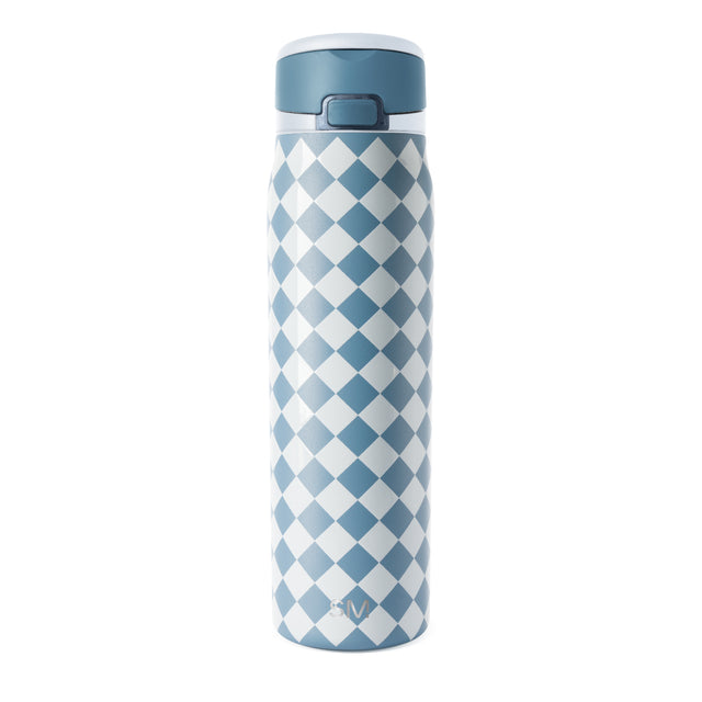 Blue-gray water bottle with geometric diamond pattern in cream white and slate blue stripes, cylindrical shape with matching top lid