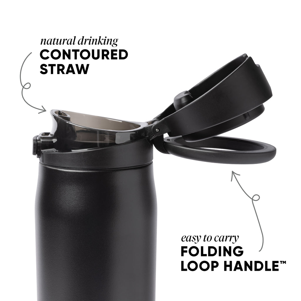 Midnight Black Mesa Loop Water Bottle with lid open and text that shows the coutoured straw design and easy to carry folding loop handle