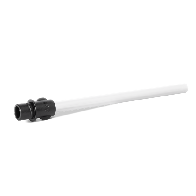 White reusable straw with black cap and connector piece against light gray background