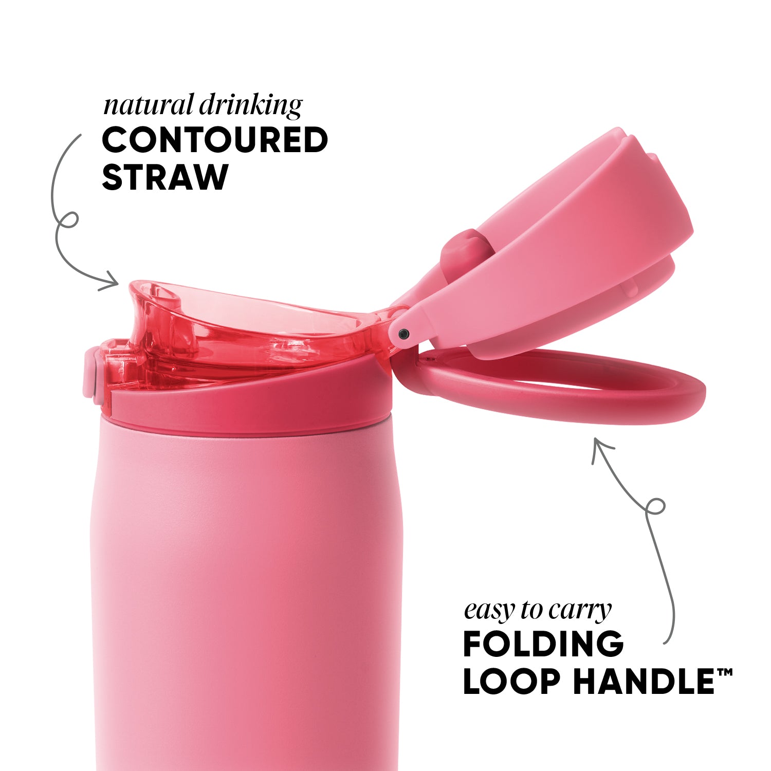 Velvet Pink Mix Mesa Loop Water Bottle with lid open and text that shows the coutoured straw design and easy to carry folding loop handle