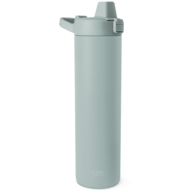 Sage green water bottle with rounded shape on white background