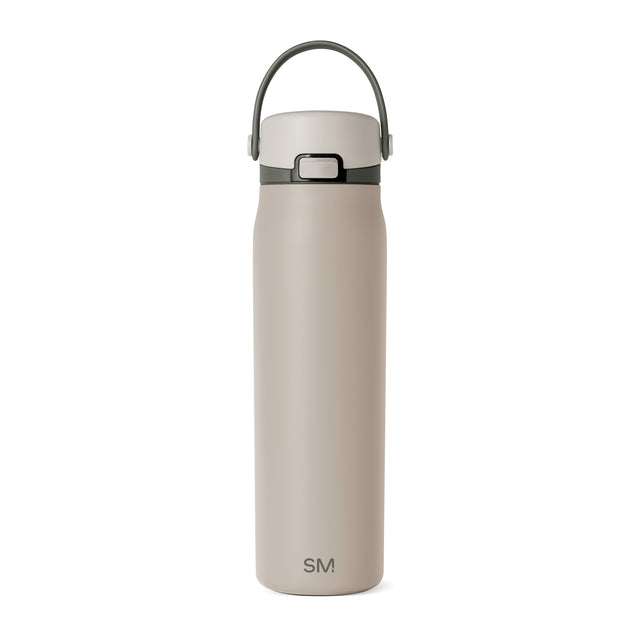 Beige stainless steel water bottle with sage green handle, band, and accent trim