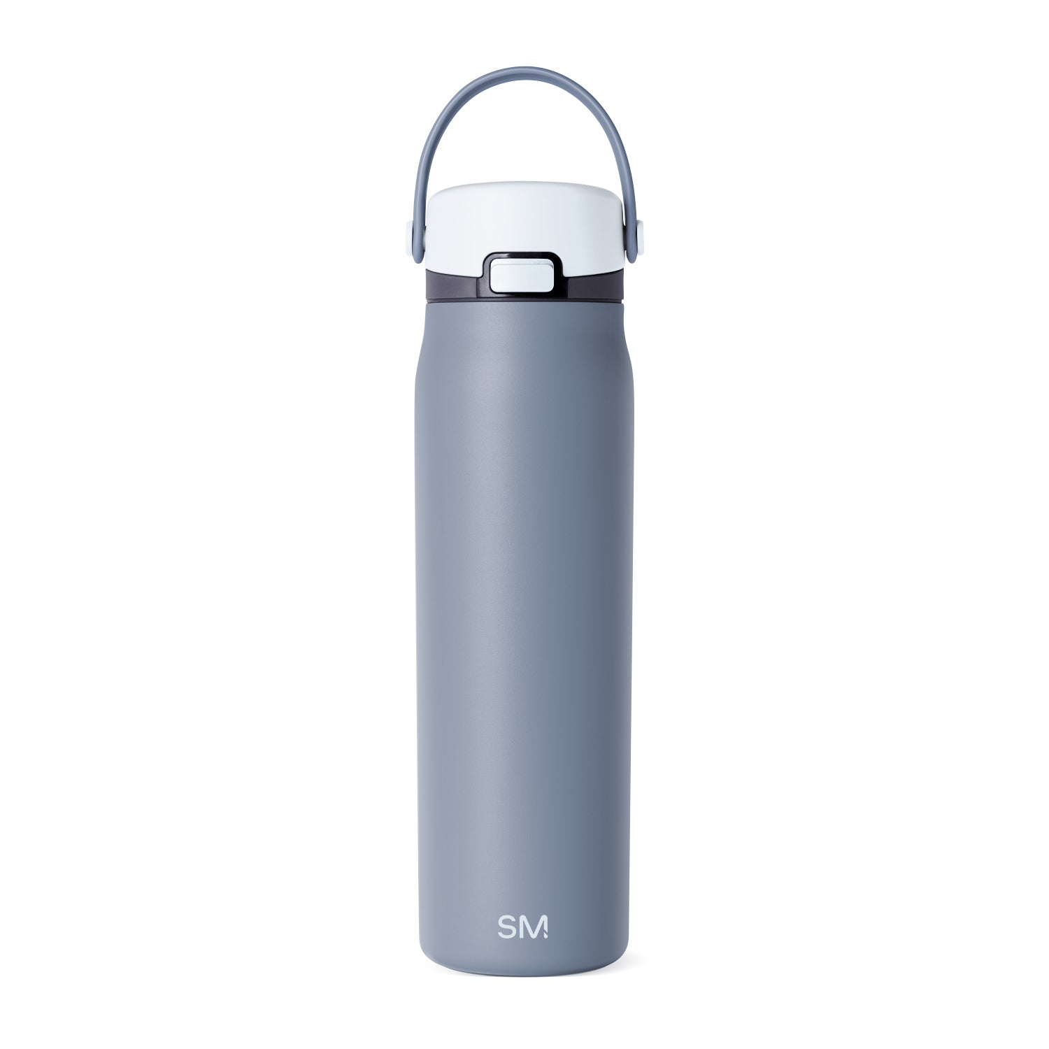 Slate blue water bottle with white lid and dark gray accents, featuring a modern design with curved contours and secure cap closure.