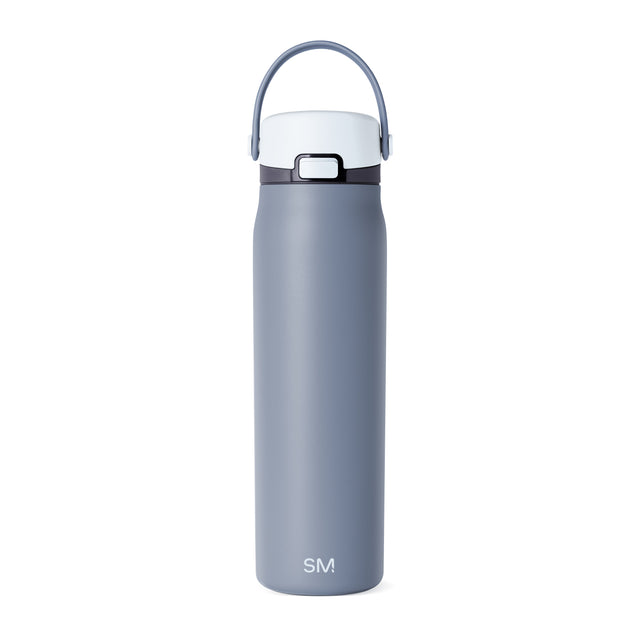 Slate blue water bottle with white lid and dark gray accents, featuring a modern design with curved contours and secure cap closure.