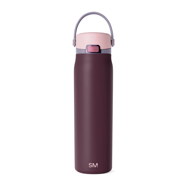 Insulated water bottle with deep burgundy cylindrical body and dusty pink top section in two-tone color blocking design.